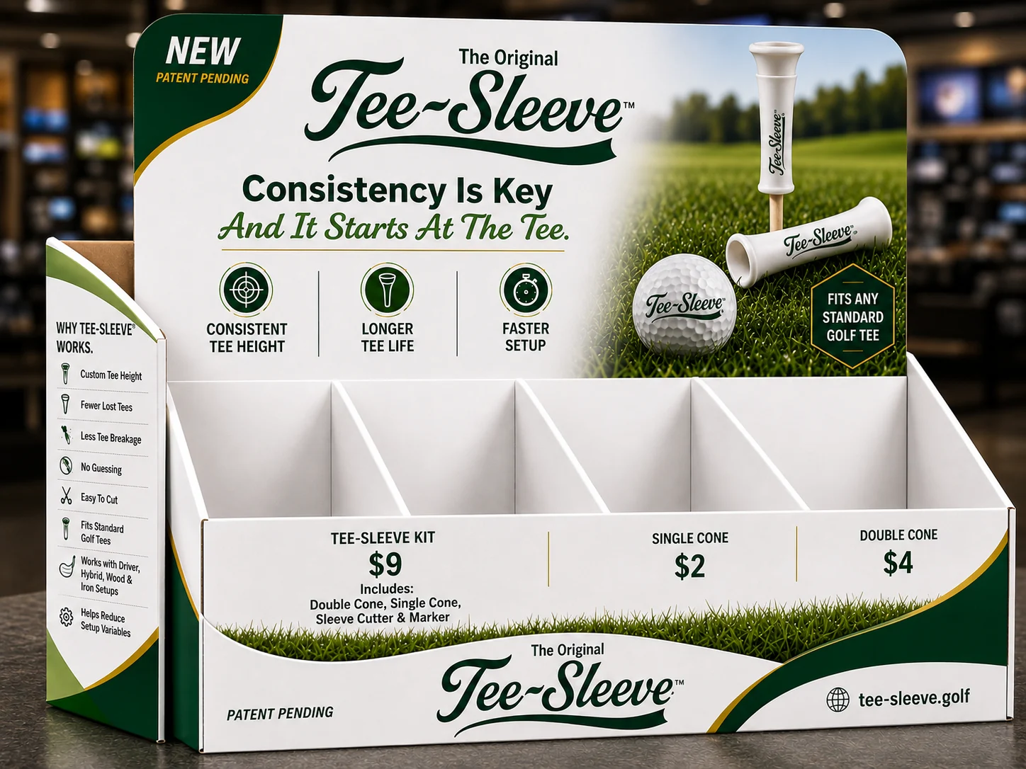 Tee-Sleeve countertop retail display and $9 Tee-Sleeve Kit